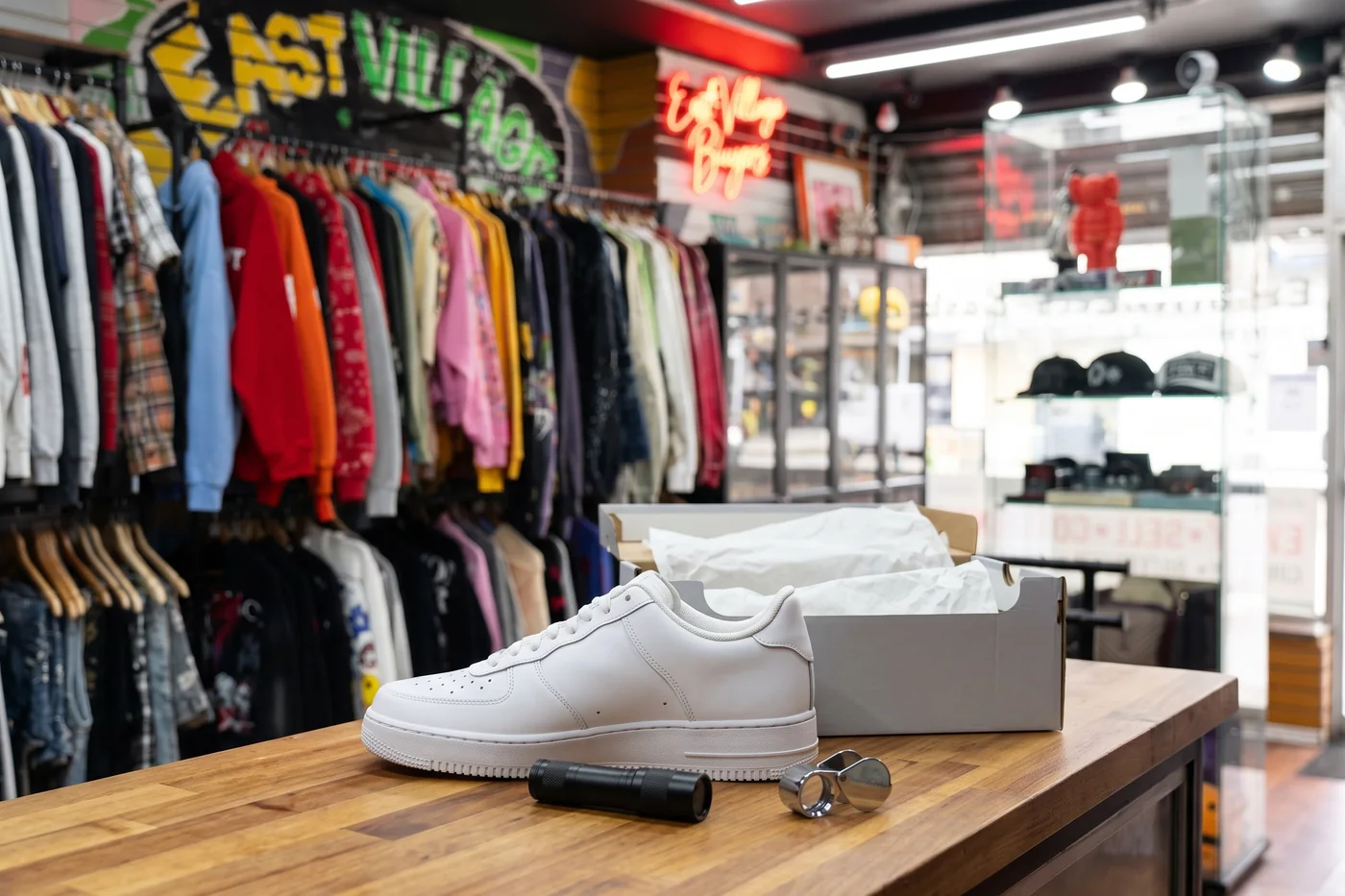 A white sneaker turned on its side for authentication next to a UV flashlight and a jeweler's loupe on the counter at East Village Buyers