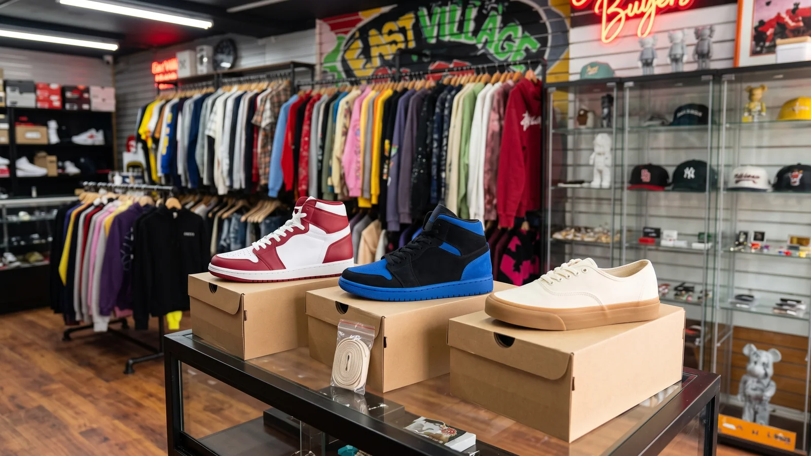 Three pairs of sneakers on shoeboxes on a glass counter inside East Village Buyers, a buy, sell and trade shop in NYC