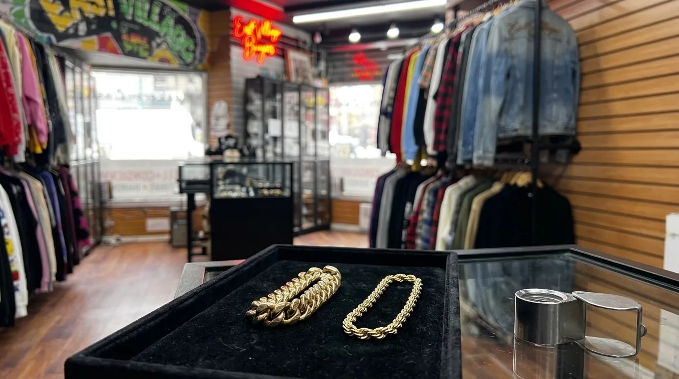 A gold Cuban link chain, a rope chain, and a jeweler loupe resting on a black velvet display tray inside a shop.