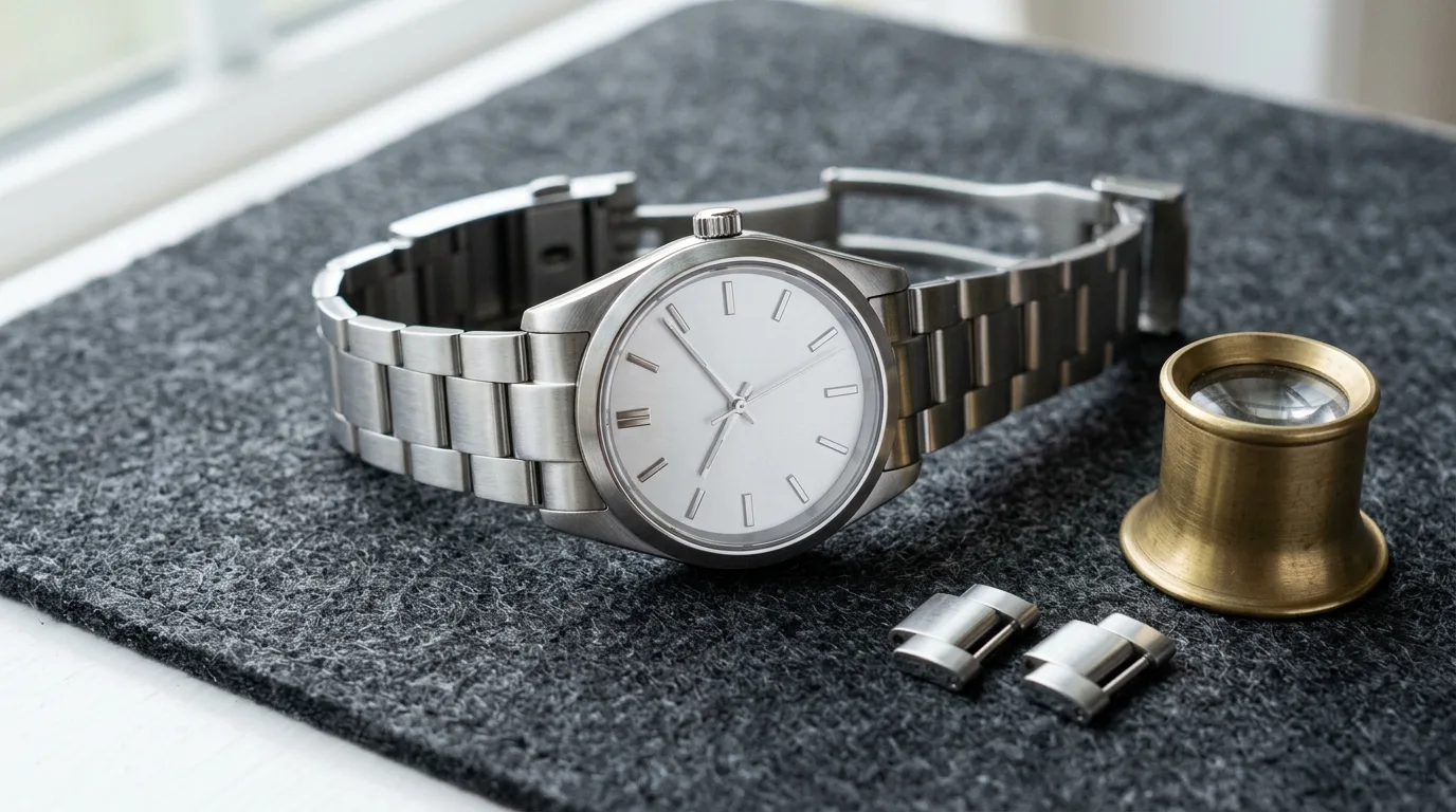 A stainless steel luxury watch resting on a felt pad next to two extra bracelet links and a brass loupe.