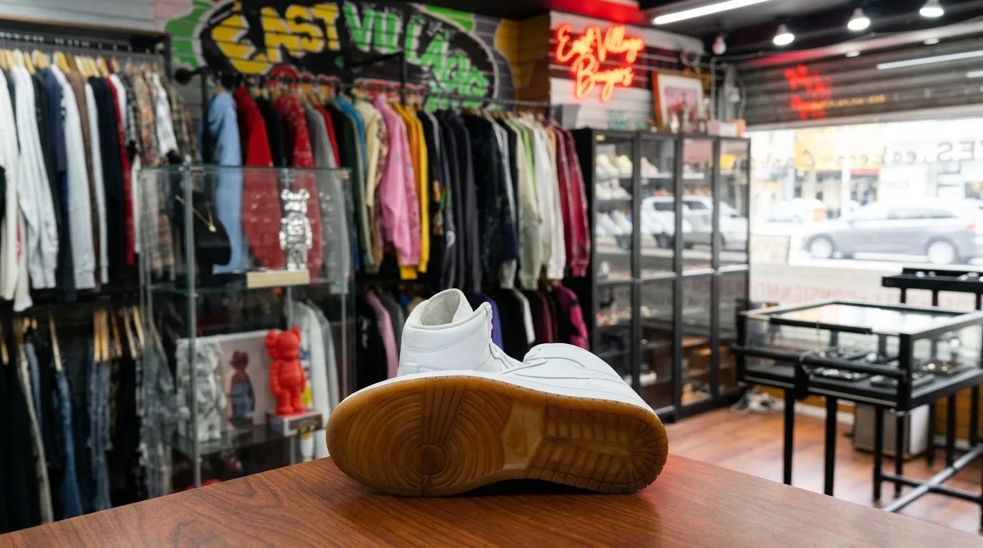A pair of white high-top sneakers with gum rubber soles sitting on a wooden counter inside a store with clothing racks and display cases.