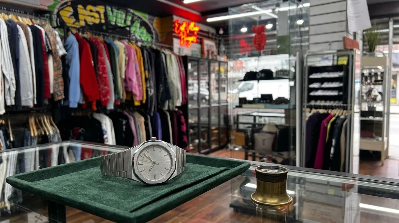 A stainless steel luxury sports watch sits on a green velvet tray inside a shop with clothing racks in the background.