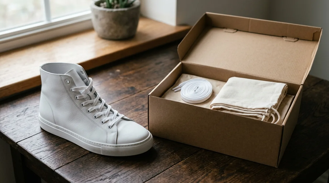 A plain white high-top leather sneaker next to an open cardboard box containing extra laces and a dust bag.