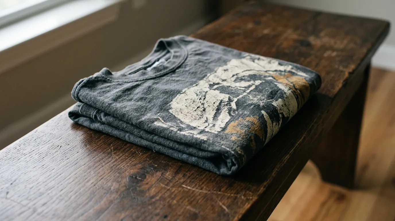A folded dark grey graphic t-shirt with a faded cracked print resting on a wooden bench.