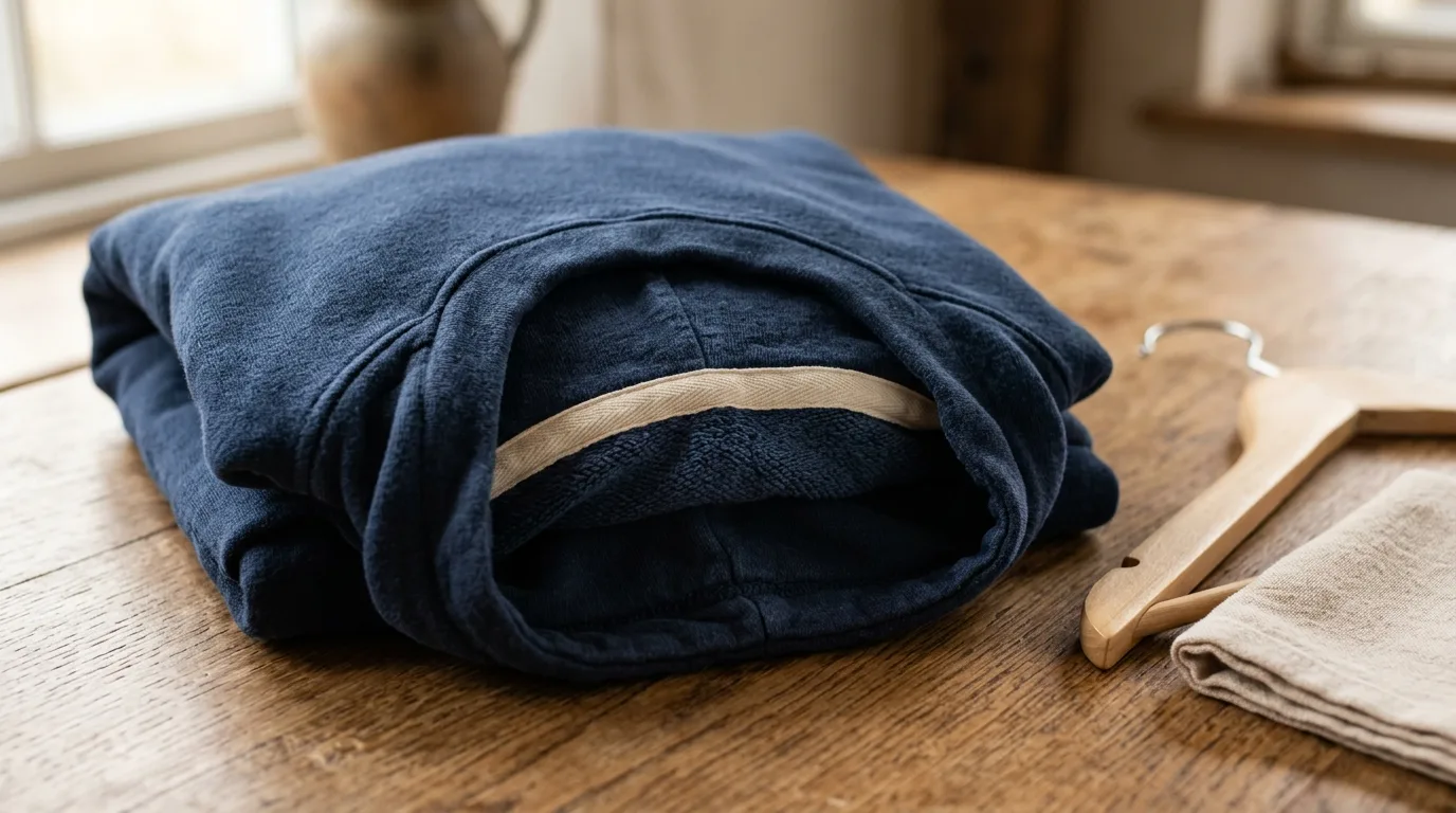 A folded navy blue sweatshirt sits on a wooden surface next to a wooden clothes hanger.