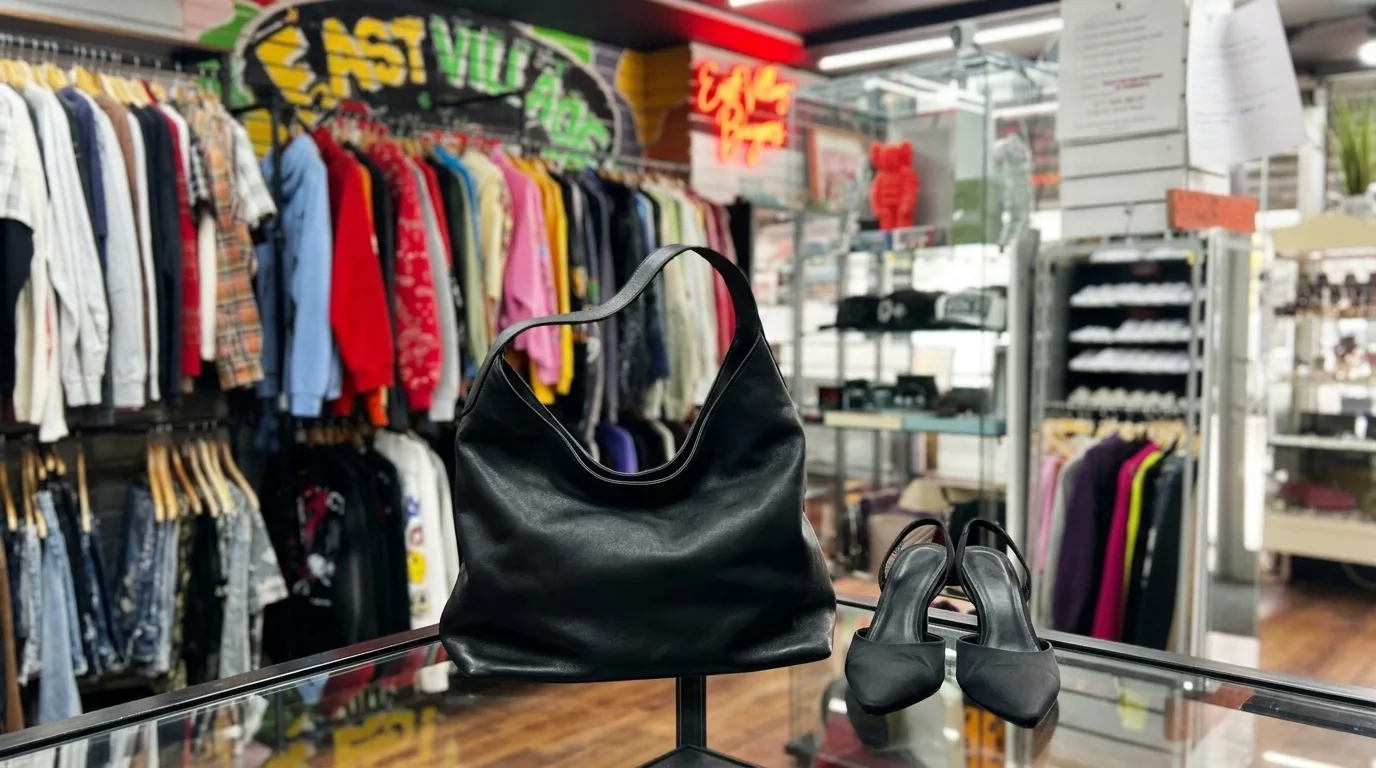 A black leather shoulder bag and a pair of black satin slingback heels on a glass counter inside East Village Buyers.