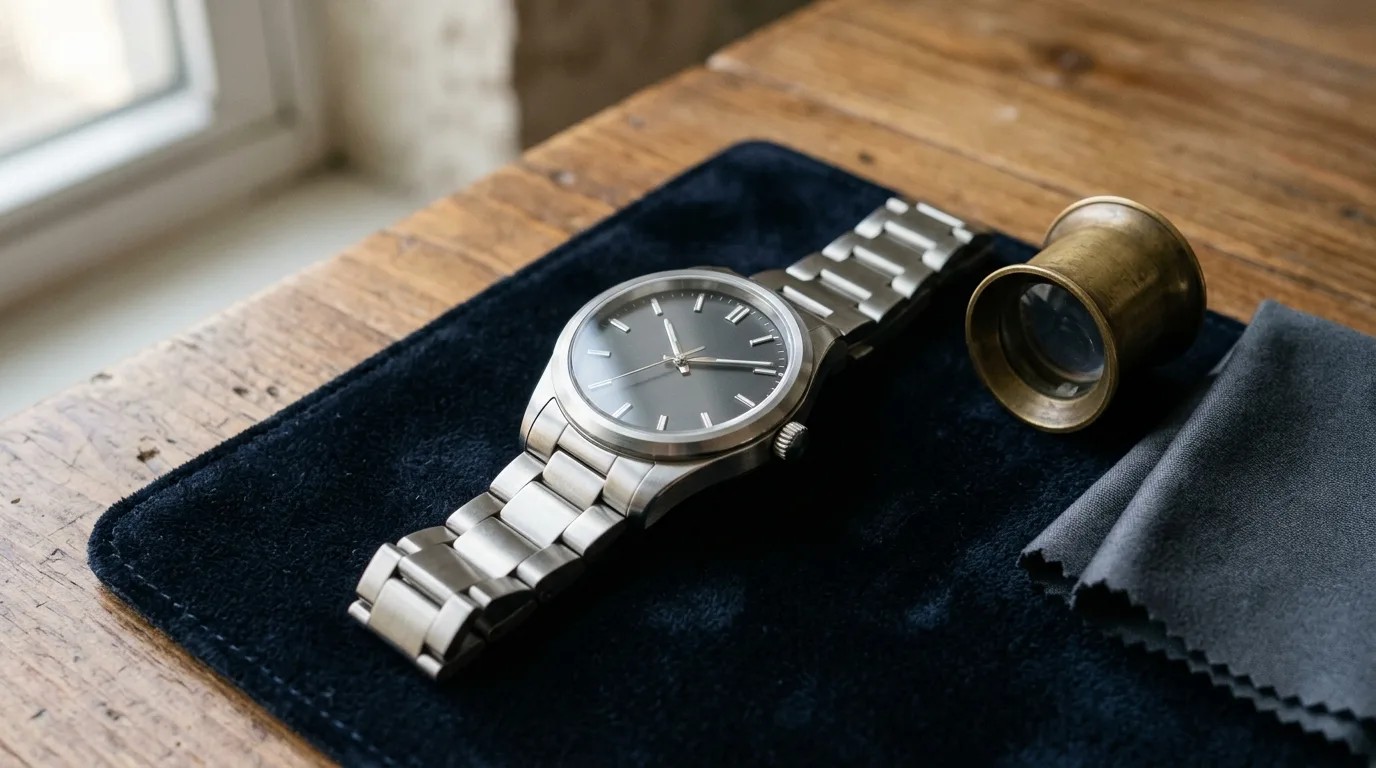 A stainless steel wristwatch rests on a dark tray next to a brass loupe and cleaning cloth on a wooden table.
