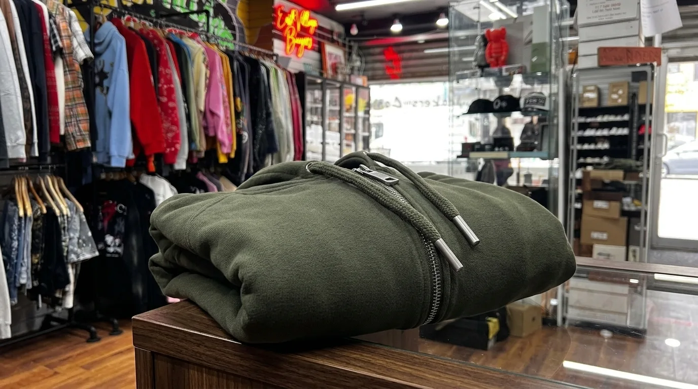 A folded olive green zip-up hoodie sitting on a wooden counter inside a clothing resale shop with racks of clothes in the background.