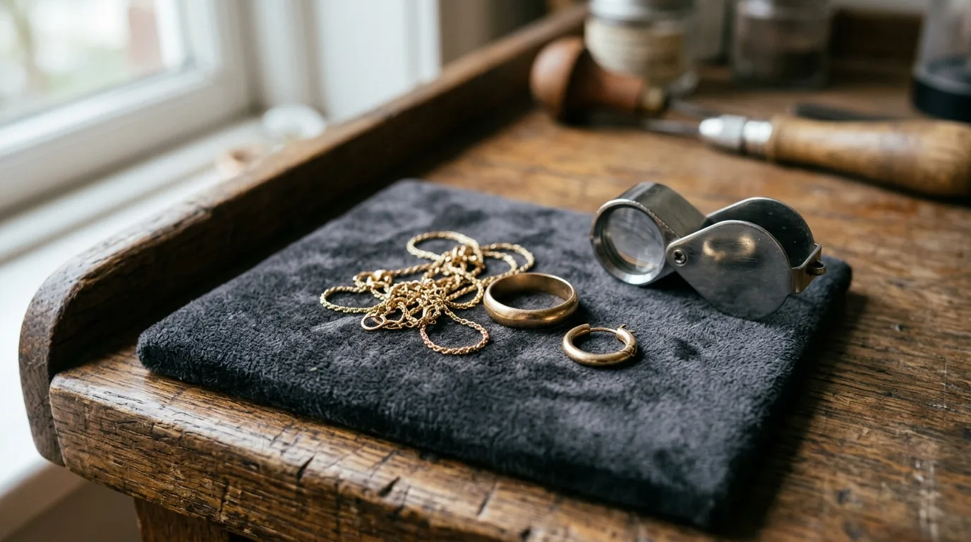 Gold jewelry including a chain, band, and hoop earring sit on a dark pad next to a jeweler loupe on a wooden desk.