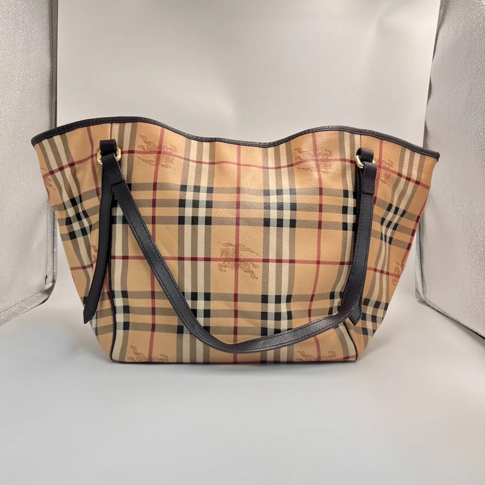 Burberry check tote with dark brown leather handles