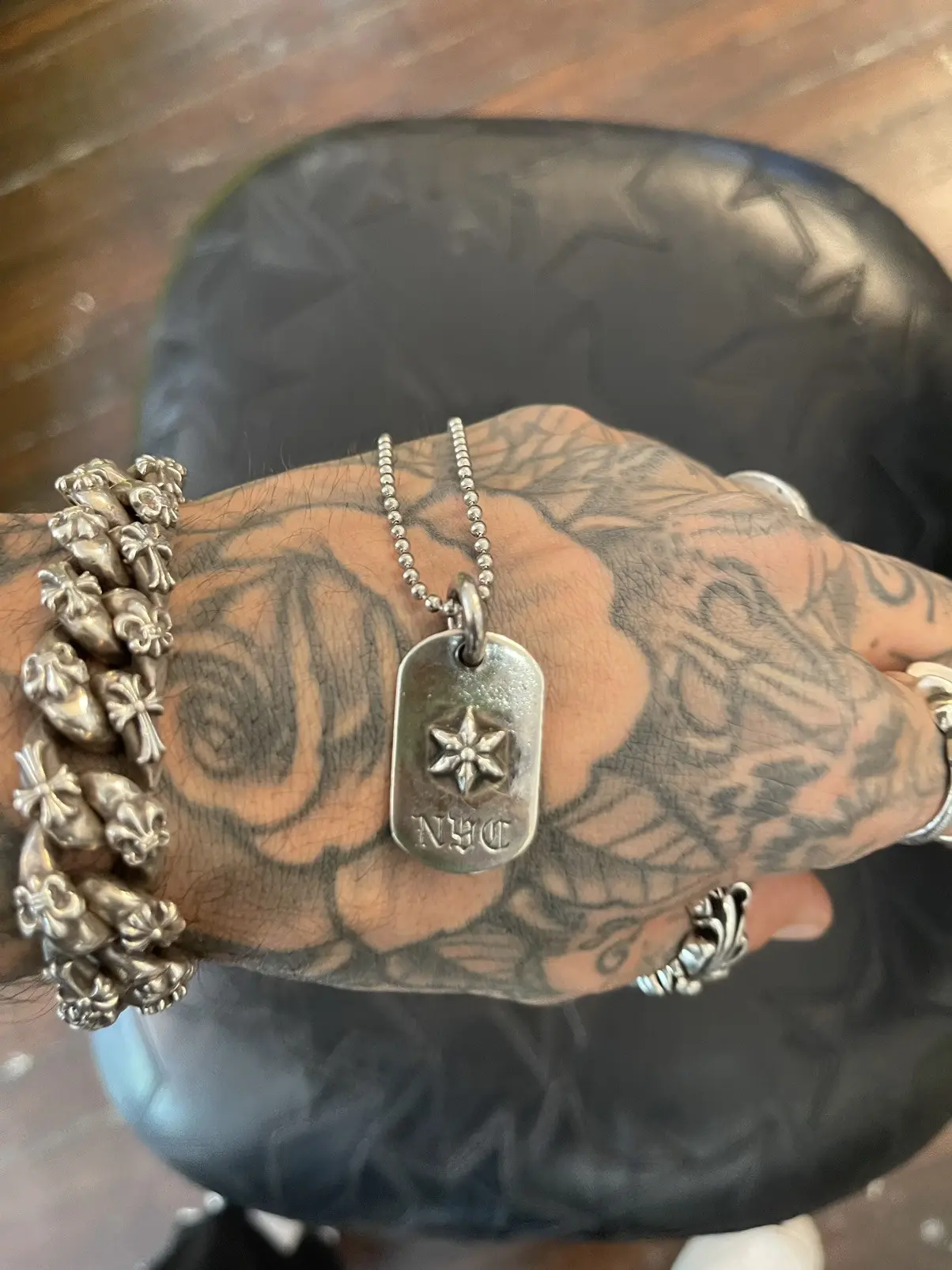 Chrome Hearts NYC dog tag necklace and cross bracelet