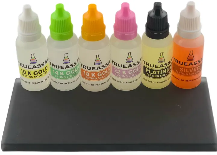 Gold acid testing solutions for 10K, 14K, 18K and 22K gold and platinum