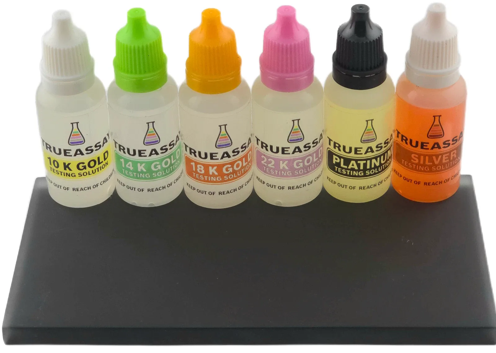 Gold, platinum and silver acid testing solutions in 10K, 14K, 18K and 22K strengths with a black touchstone