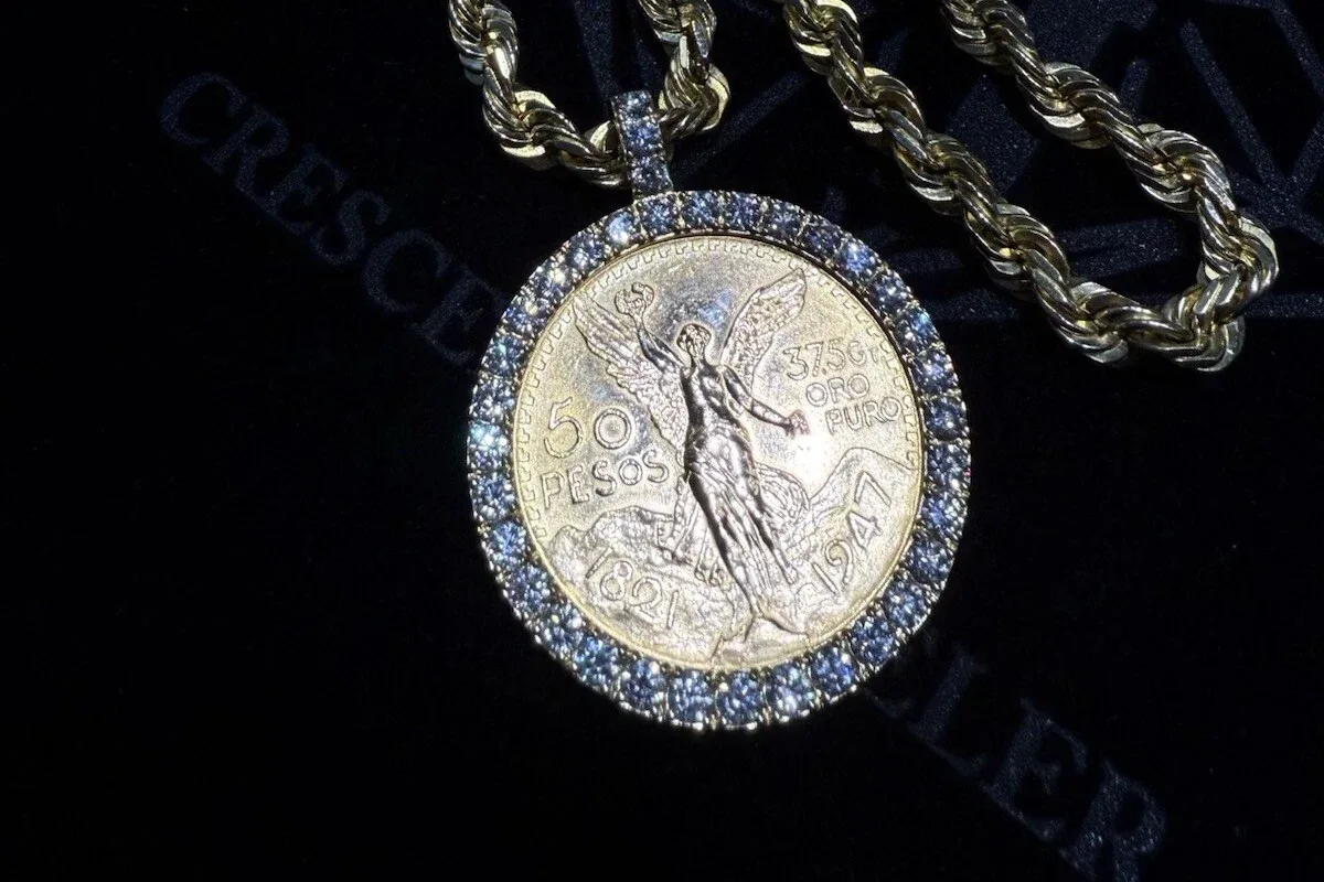 Mexican 50 Pesos gold coin pendant necklace on a rope chain