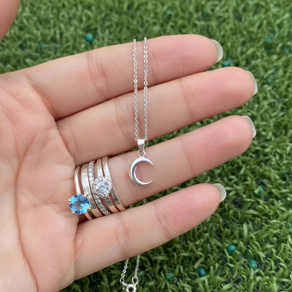 Sterling silver rings and a moon pendant necklace