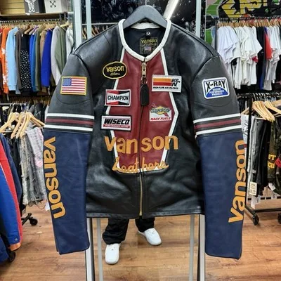Vanson leather racing jacket with sponsor patches and blue sleeves