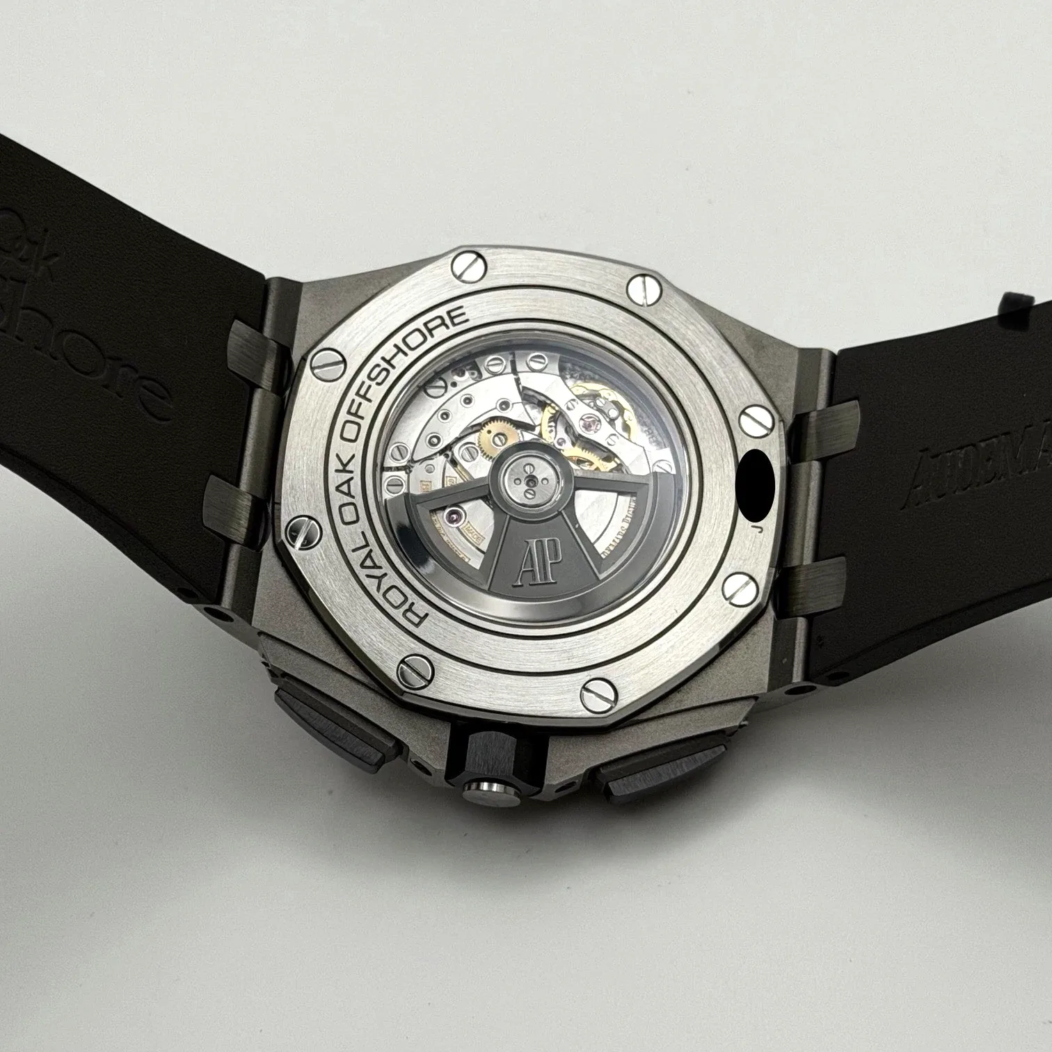 Close look at a luxury watch caseback